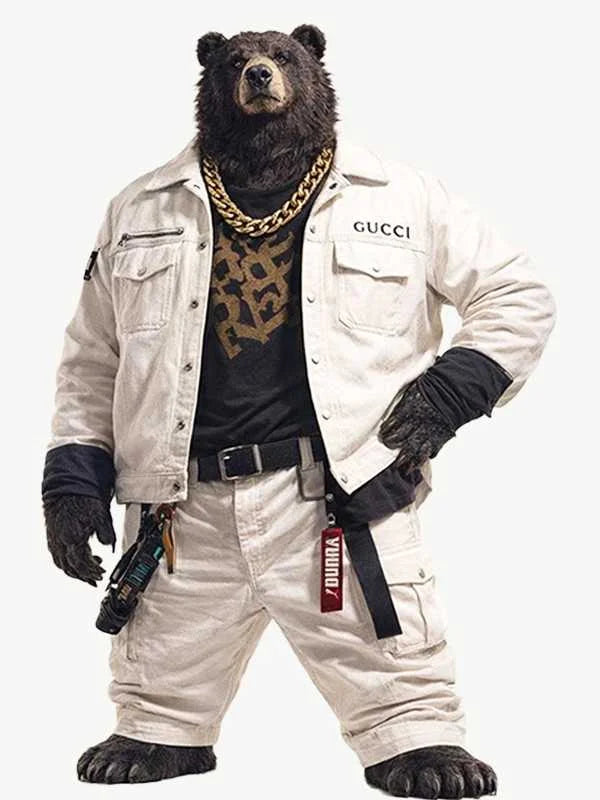Bear wearing a Gucci jacket and pants on a white background